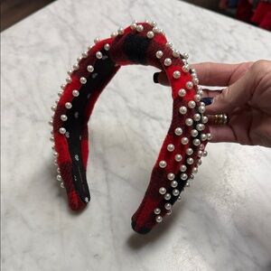 Lele Sadoughi NWOT Flannel Red Black Buffalo Check Headband with Pearl Accent